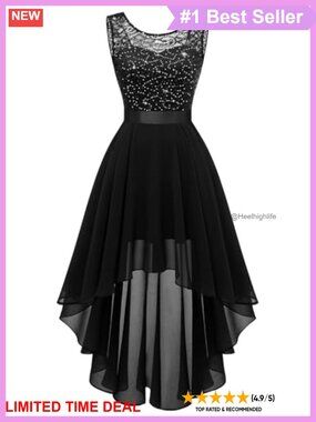 Sleeveless High Low Lace Sequin Cocktail Formal Dress